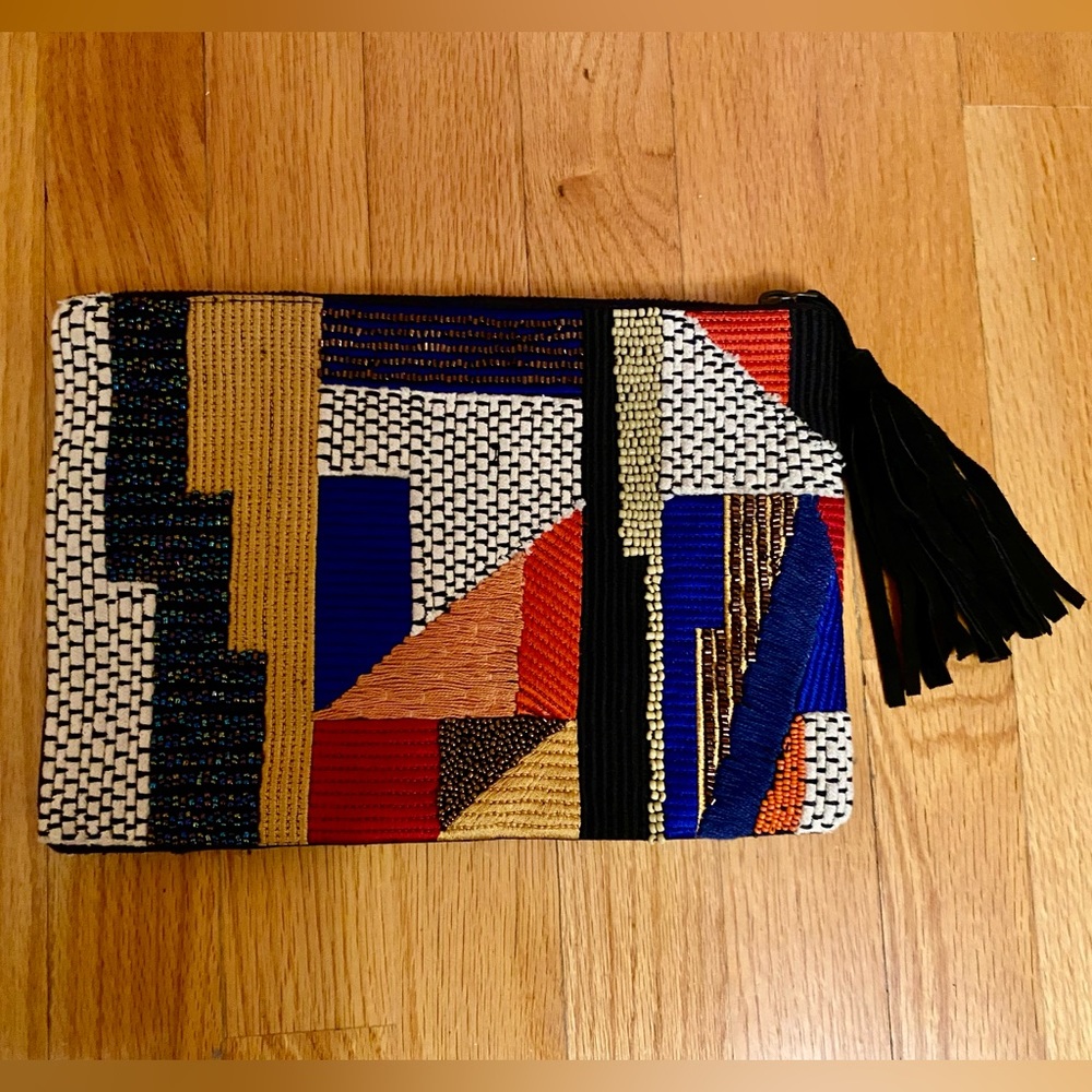 Jasper Jeera Anthropologie boho tassel beaded clutch bag makeup pouch